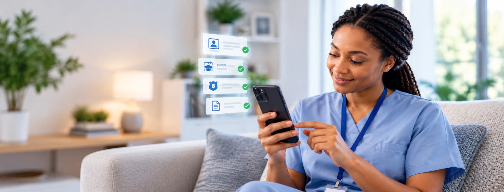Care worker checking her verified compliance documents on her phone